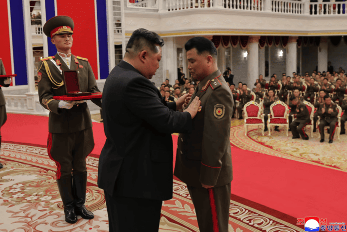 North Korean leader Kim Jong attends a national commendation ceremony for the commanders and fighters of the Korean People's Army's overseas operations unit, at the headquarters of the Central Committee of the Korean Workers' Party, in Pyongyang, North Korea. August 22, 2025. | Reuters